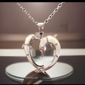White Opal Dolphin Lovers In The Shape Of A Heart Pendant Necklace